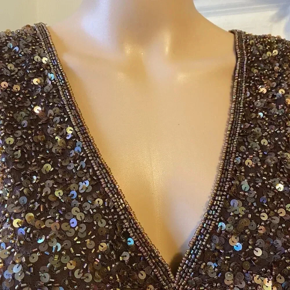 VTG Scala Silk Sequins V Neck Whimsigoth Fairy Lady 12 Evening Party Blouse Top - Picture 9 of 12